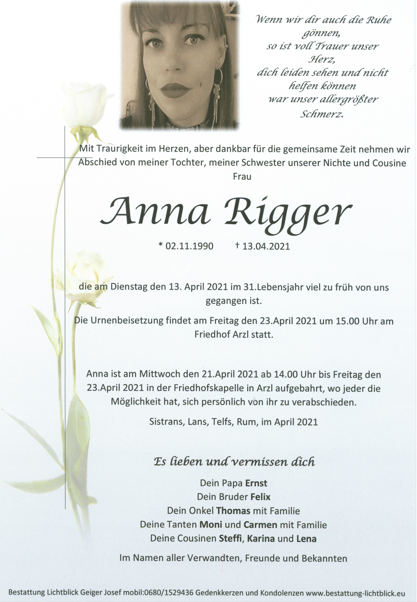 Traueranzeige von Anna Rigger