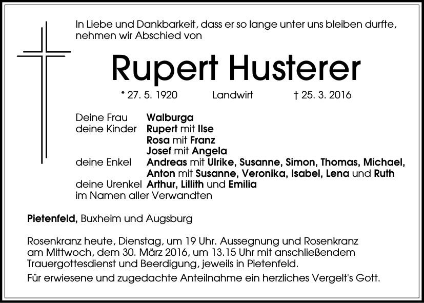 Traueranzeige von Rupert Husterer