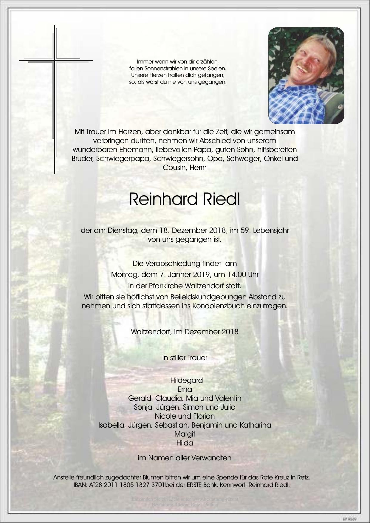 Traueranzeige von Reinhard Riedl