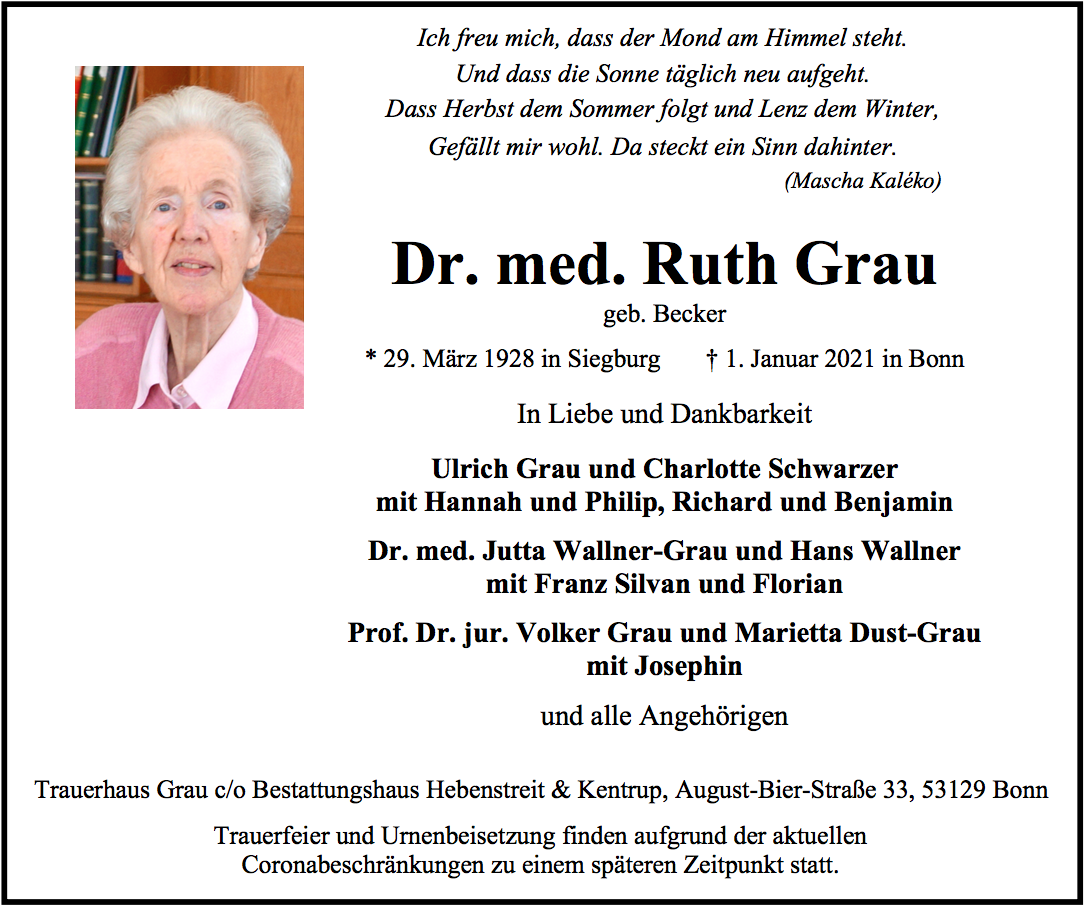 Traueranzeige von Dr. med. Ruth Grau