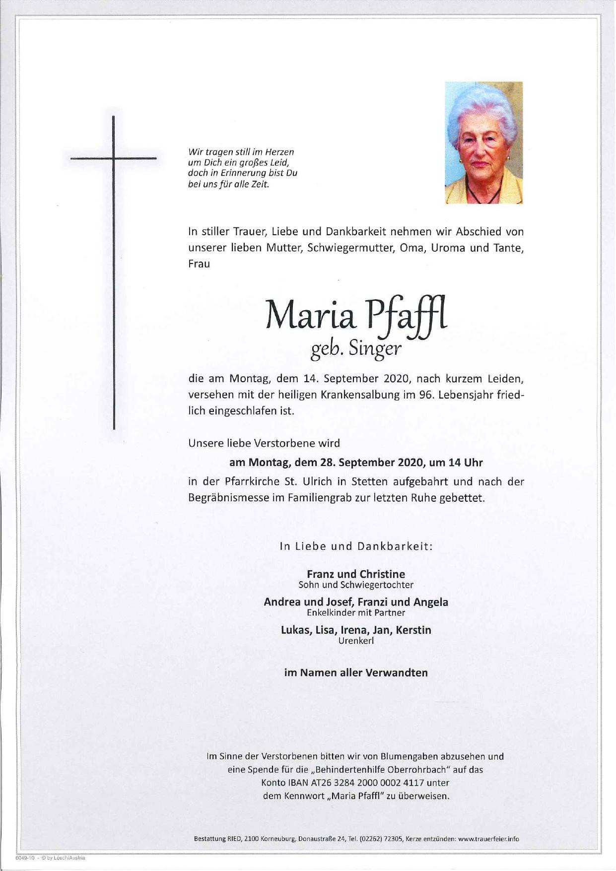 Traueranzeige von Maria Pfaffl