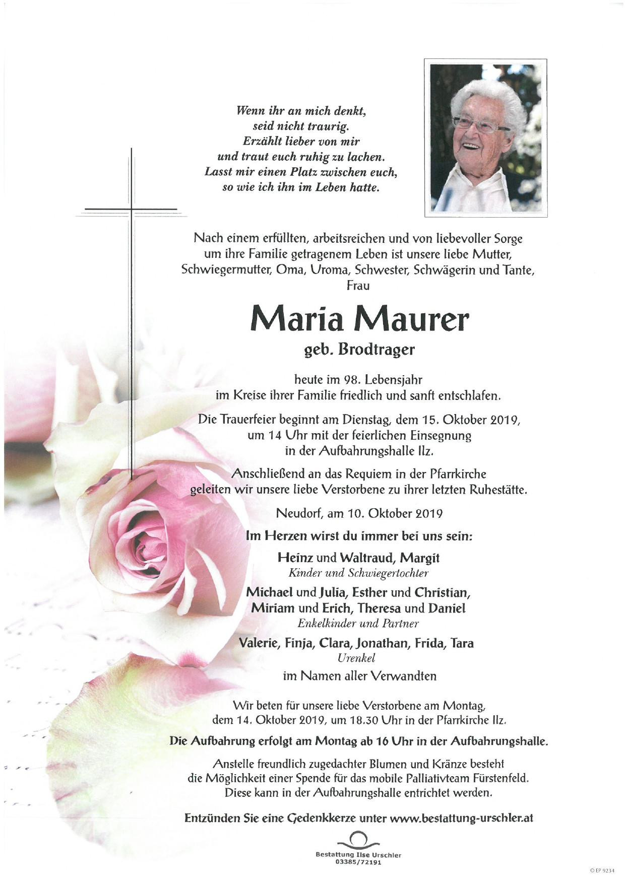 Traueranzeige von Maria Maurer
