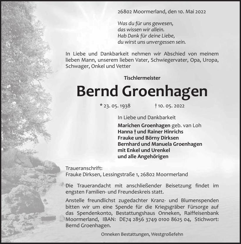 Traueranzeige von Bernd Groenhagen