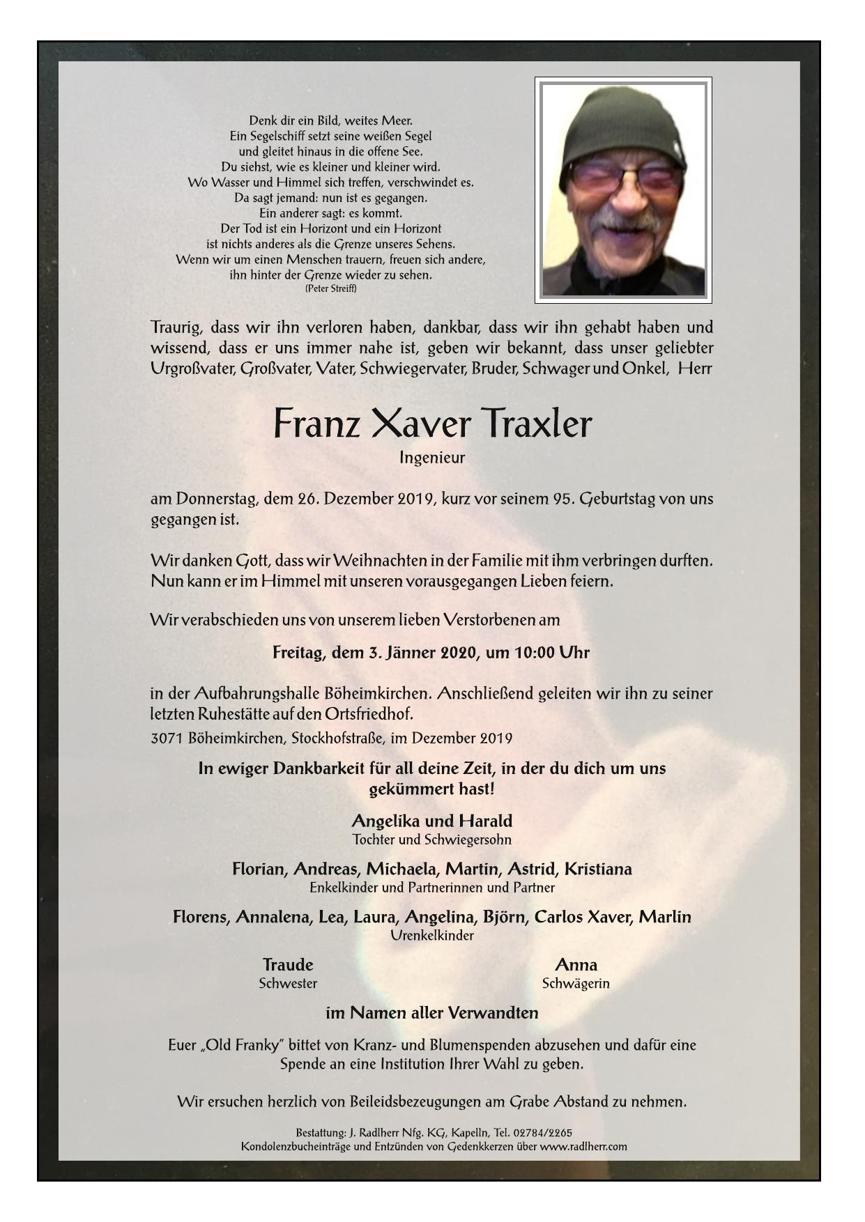 Traueranzeige von Ing. Franz Xaver Traxler
