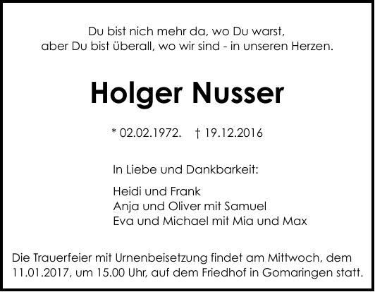 Traueranzeige von Holger Nusser