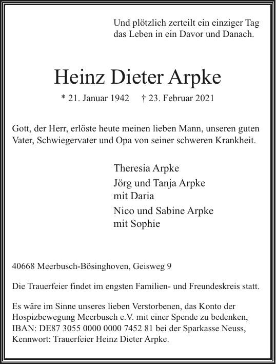 Traueranzeige von Heinz Dieter Arpke