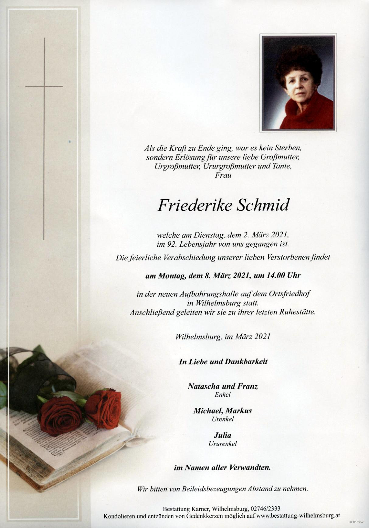 Traueranzeige von Friederike Schmid