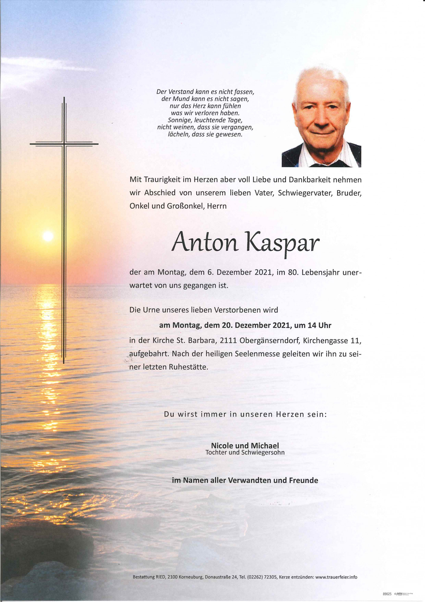Traueranzeige von Anton Kaspar