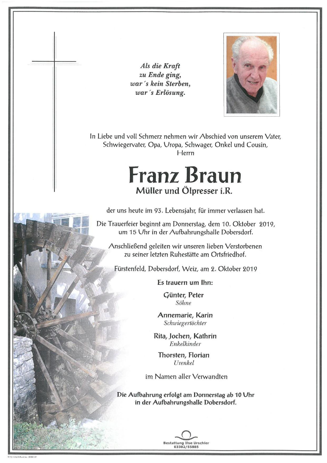 Traueranzeige von Franz Braun