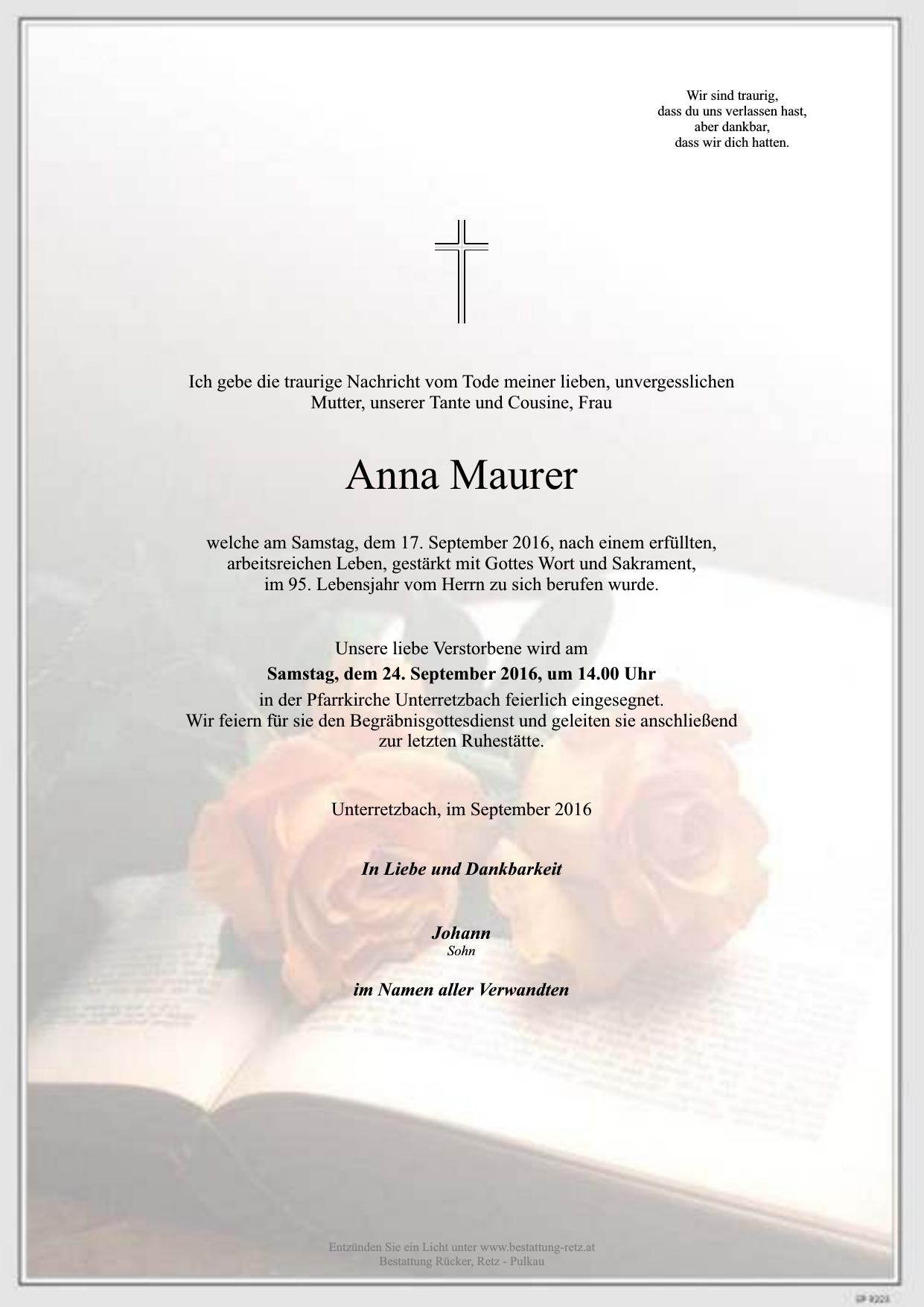 Traueranzeige von Anna Maurer