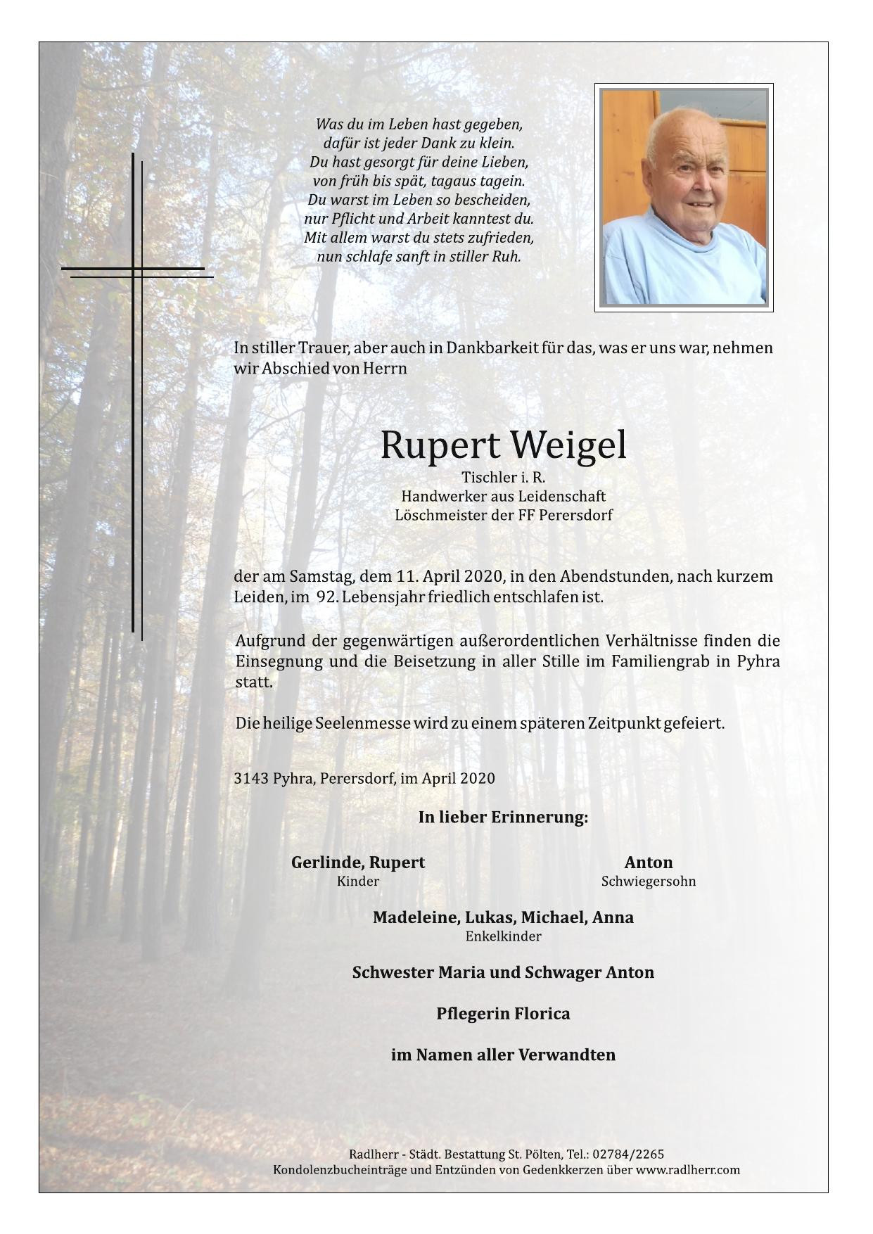 Traueranzeige von Rupert Weigel