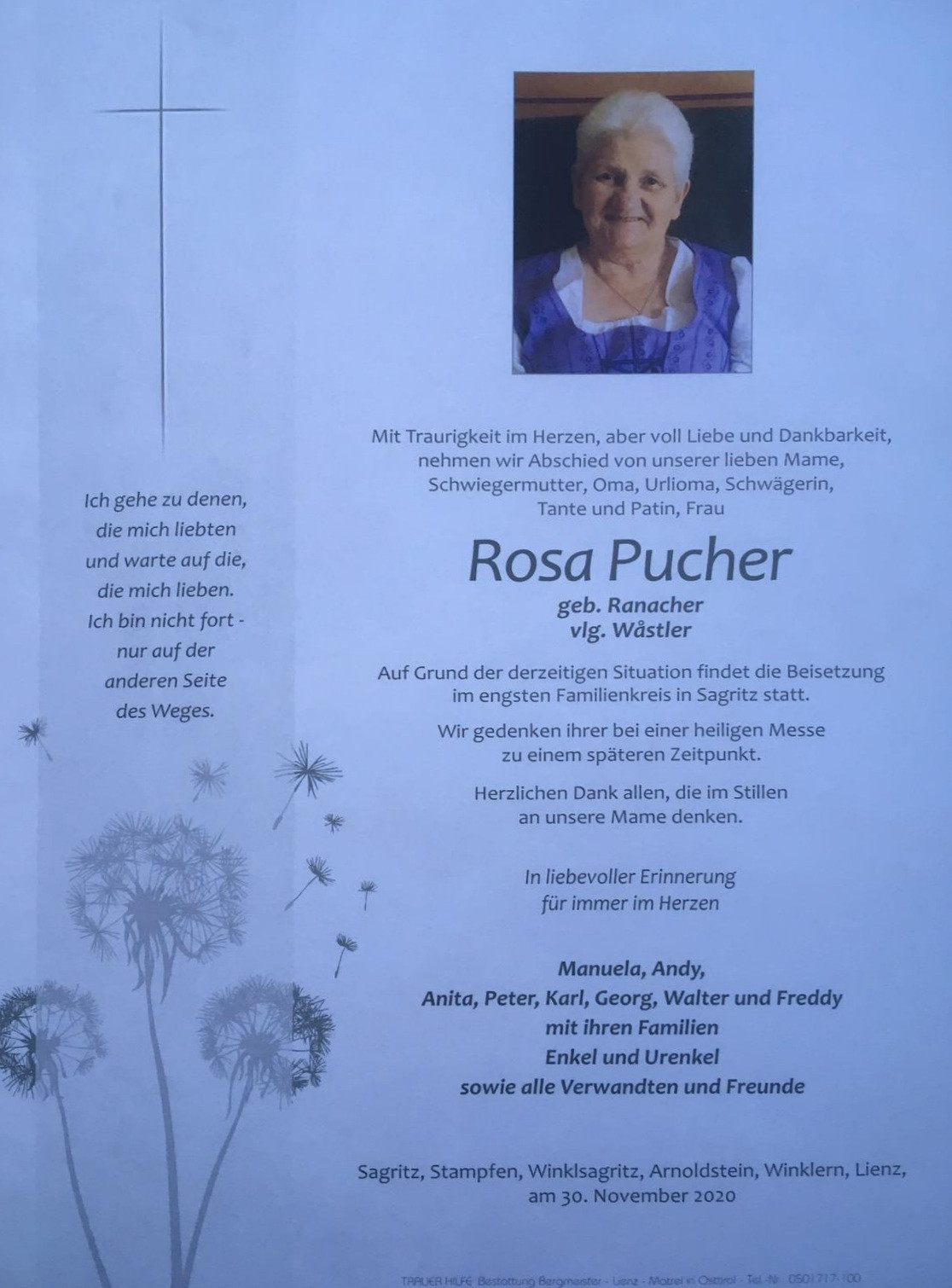 Traueranzeige von Rosa Pucher