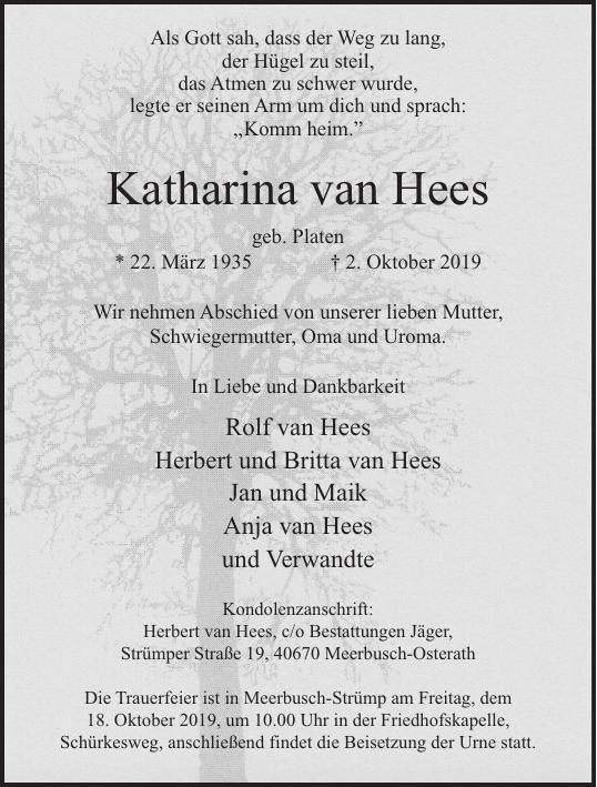 Traueranzeige von Katharina van Hees