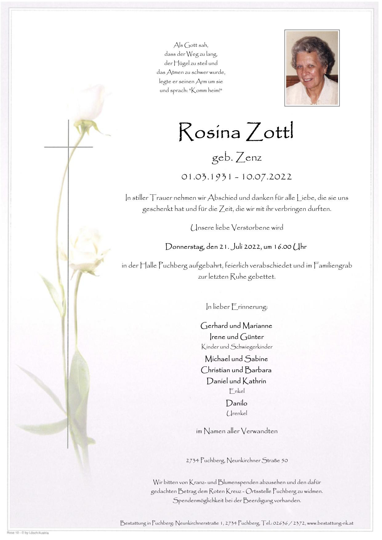 Traueranzeige von Rosina Zottl