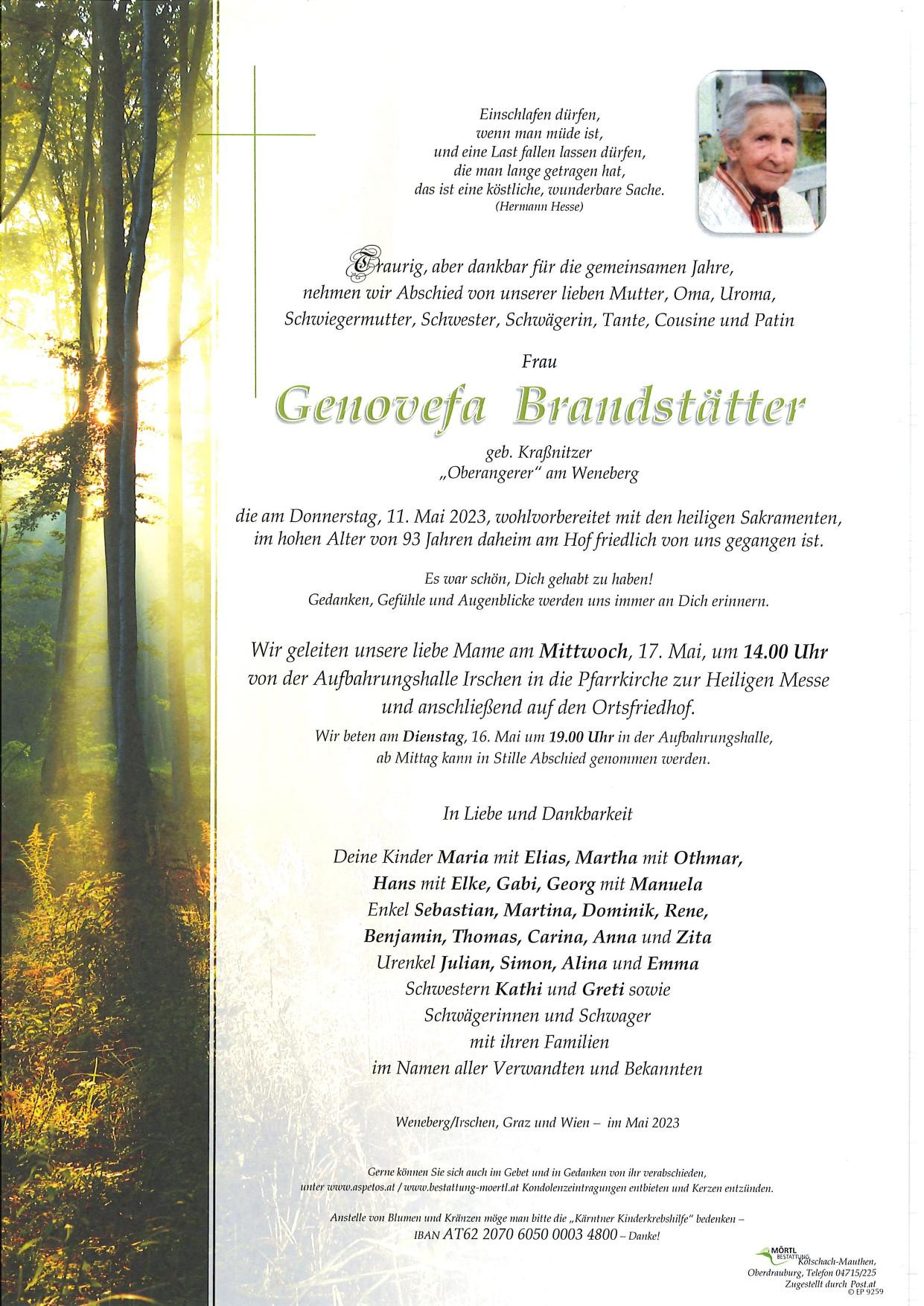 Traueranzeige von Genovefa Brandstätter