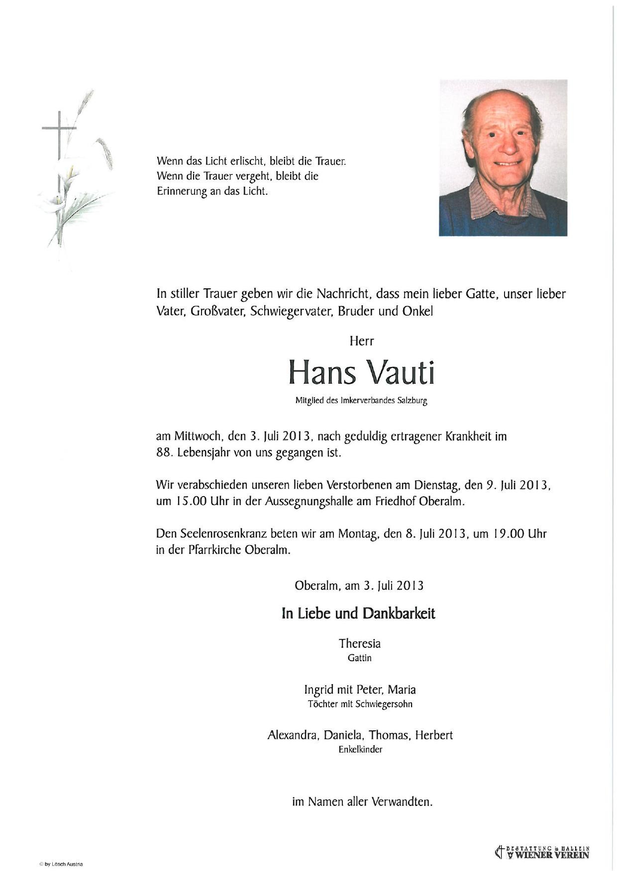 Traueranzeige von Hans Vauti