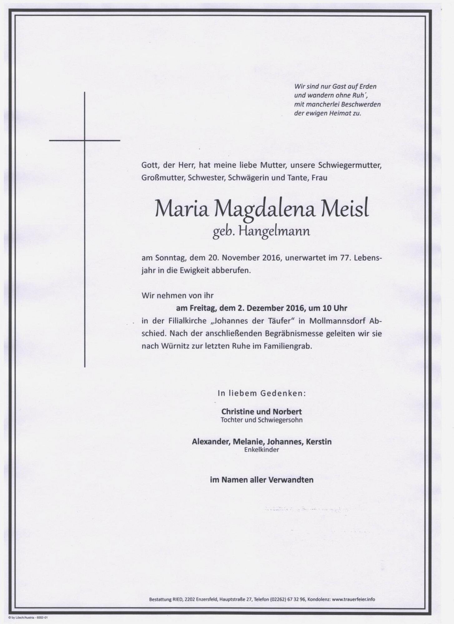 Traueranzeige von Maria Magdalena Meisl