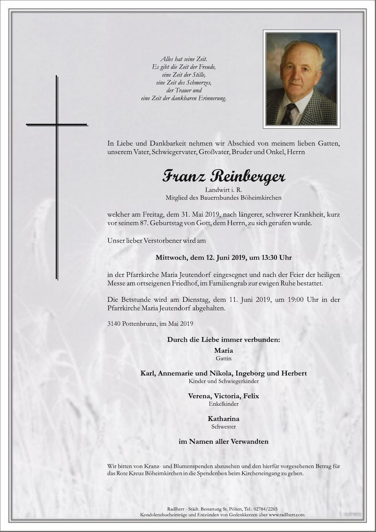 Traueranzeige von Franz Reinberger