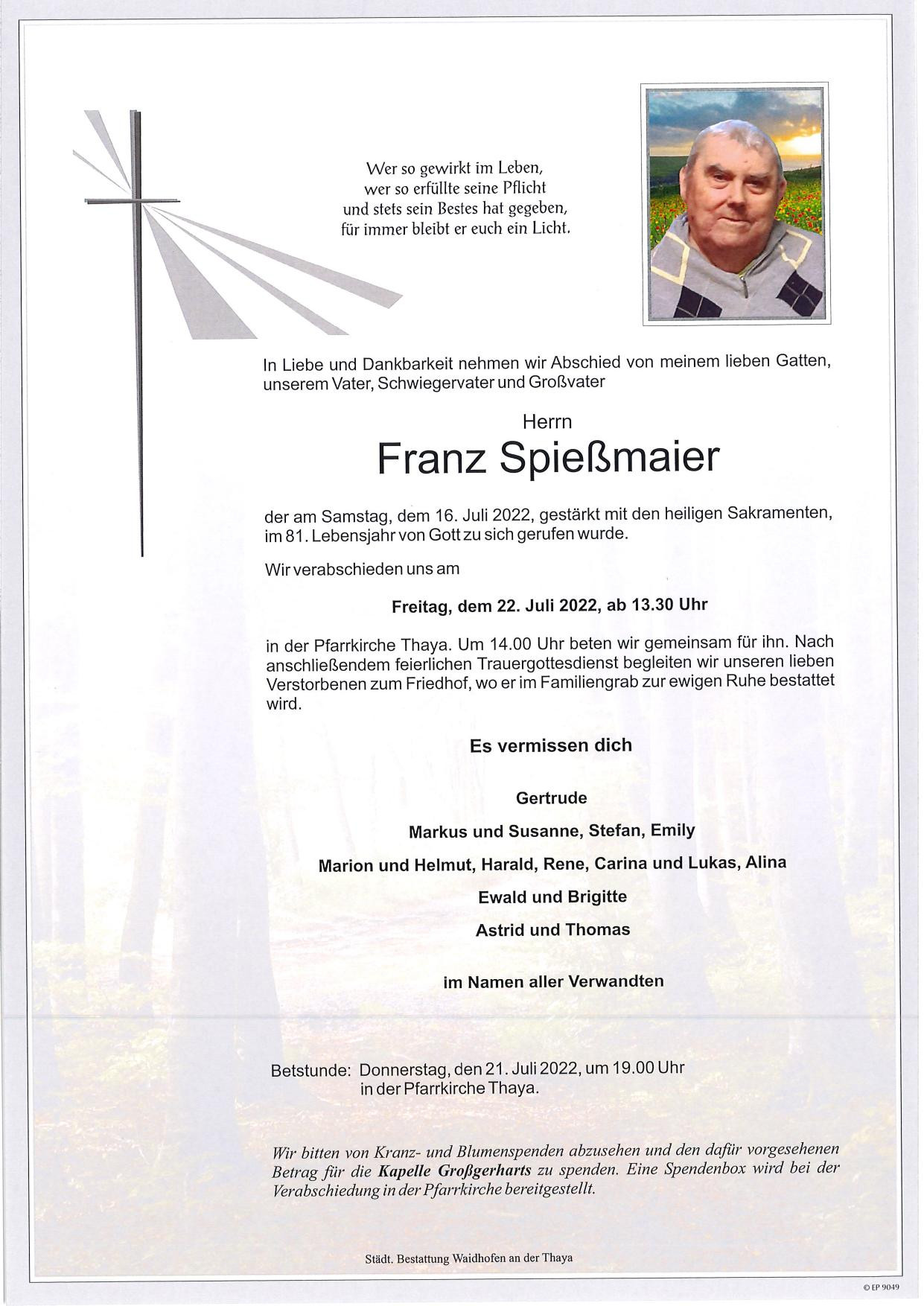 Traueranzeige von Franz Spießmaier