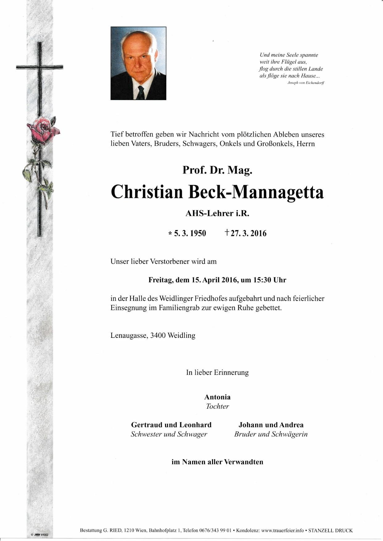 Traueranzeige von Prof. Dr. Mag. Christian Beck-Mannagetta
