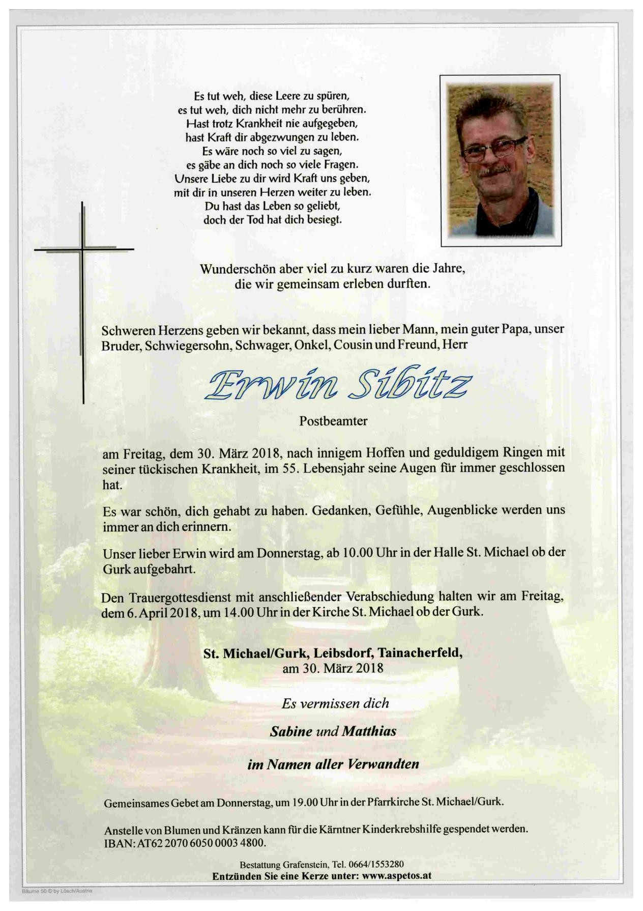 Traueranzeige von Herr Erwin Sibitz