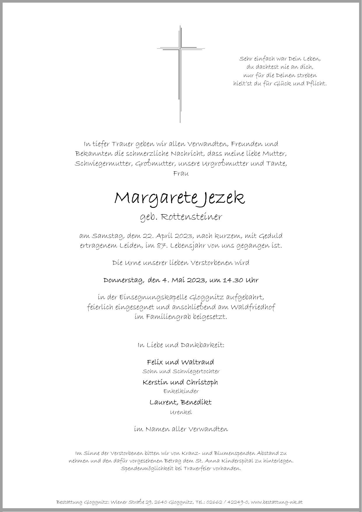 Traueranzeige von Margarete Jezek