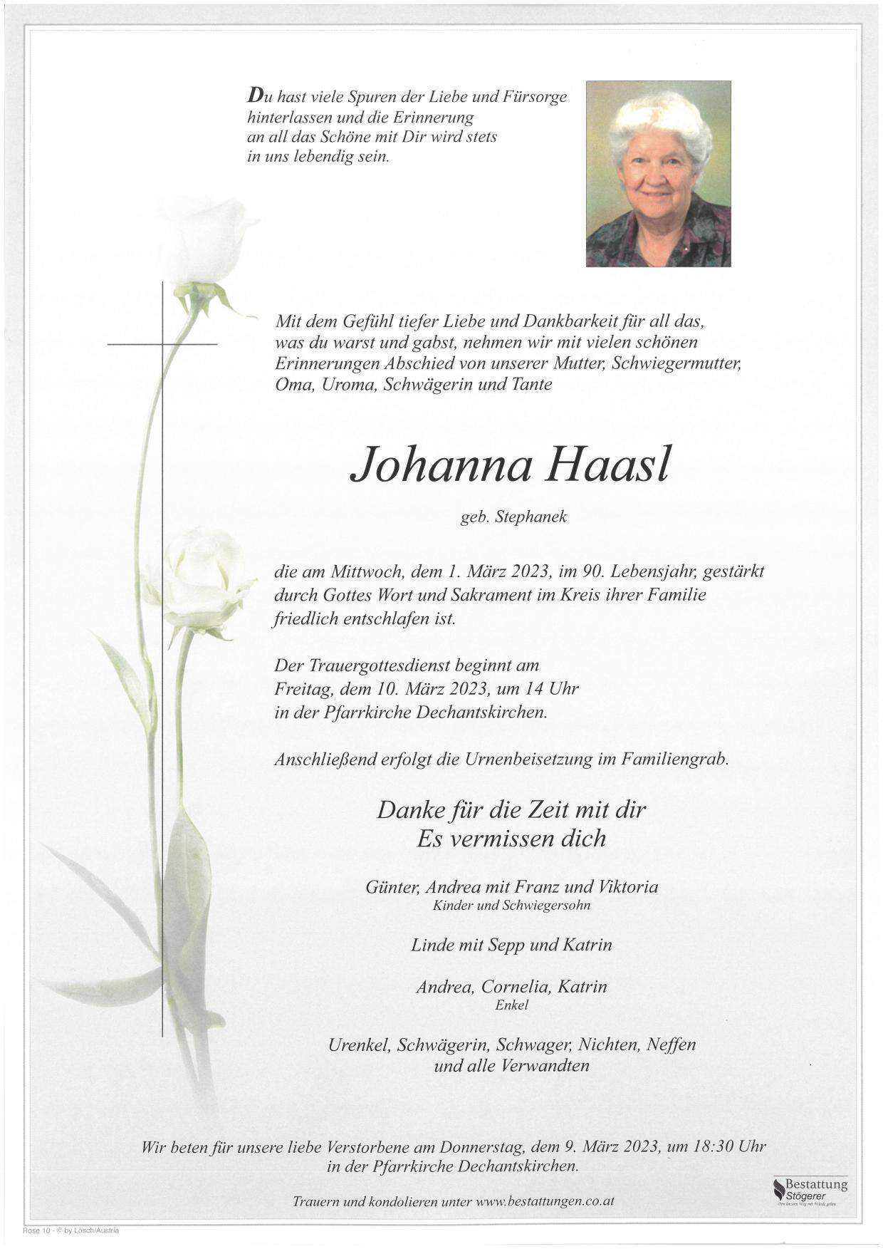 Traueranzeige von Johanna Haasl