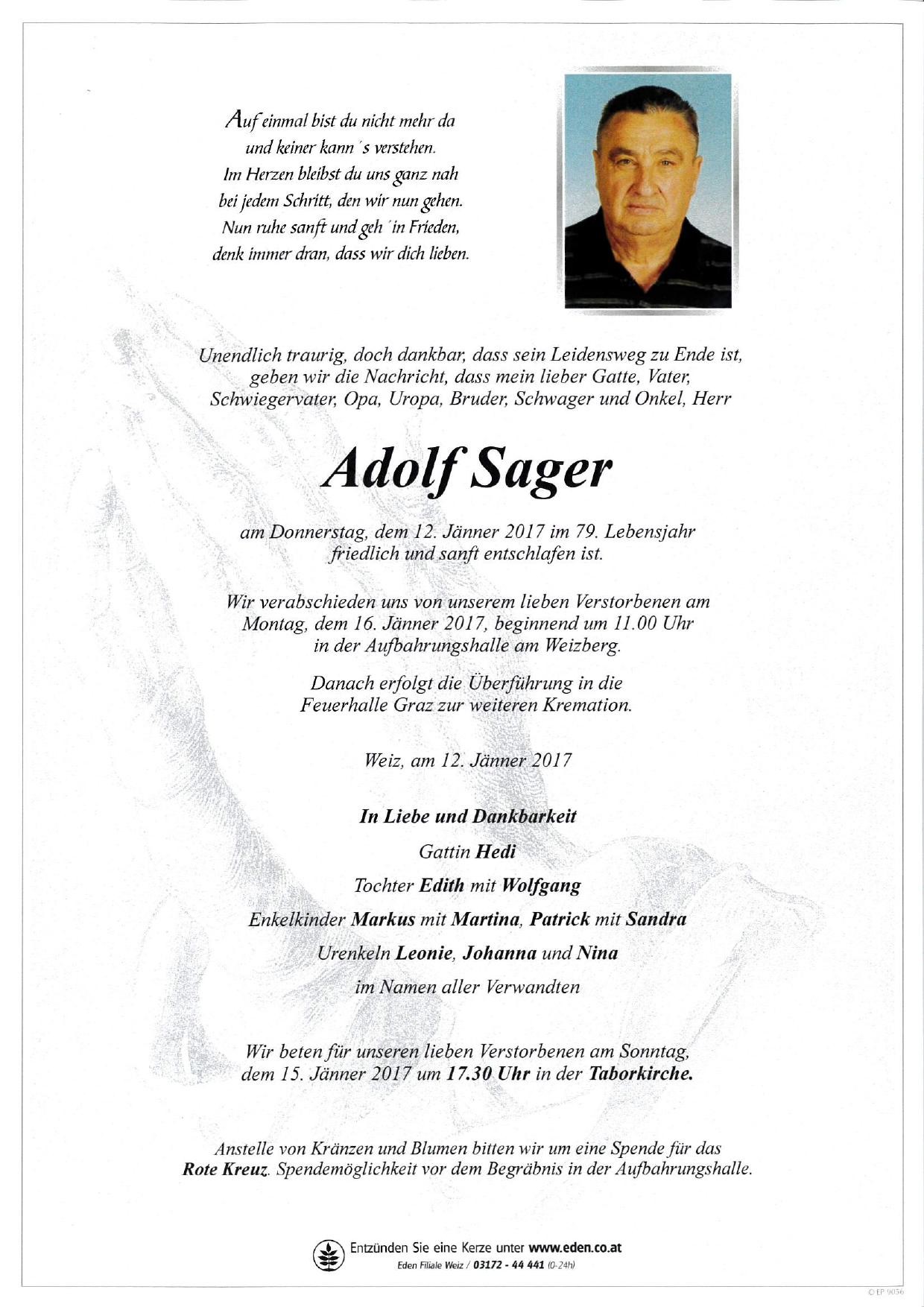 Traueranzeige von Adolf Sager