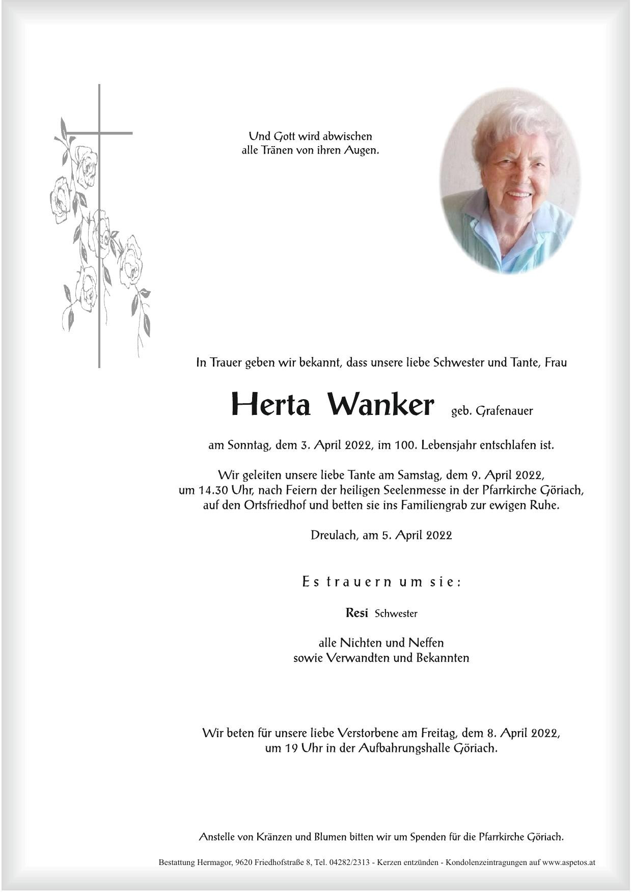 Traueranzeige von Herta Wanker