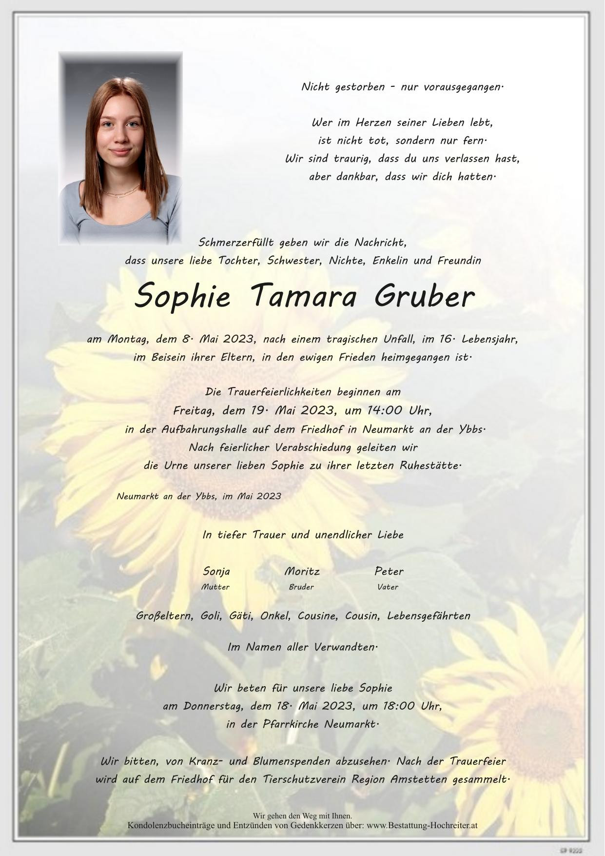 Traueranzeige von Sophie Tamara Gruber