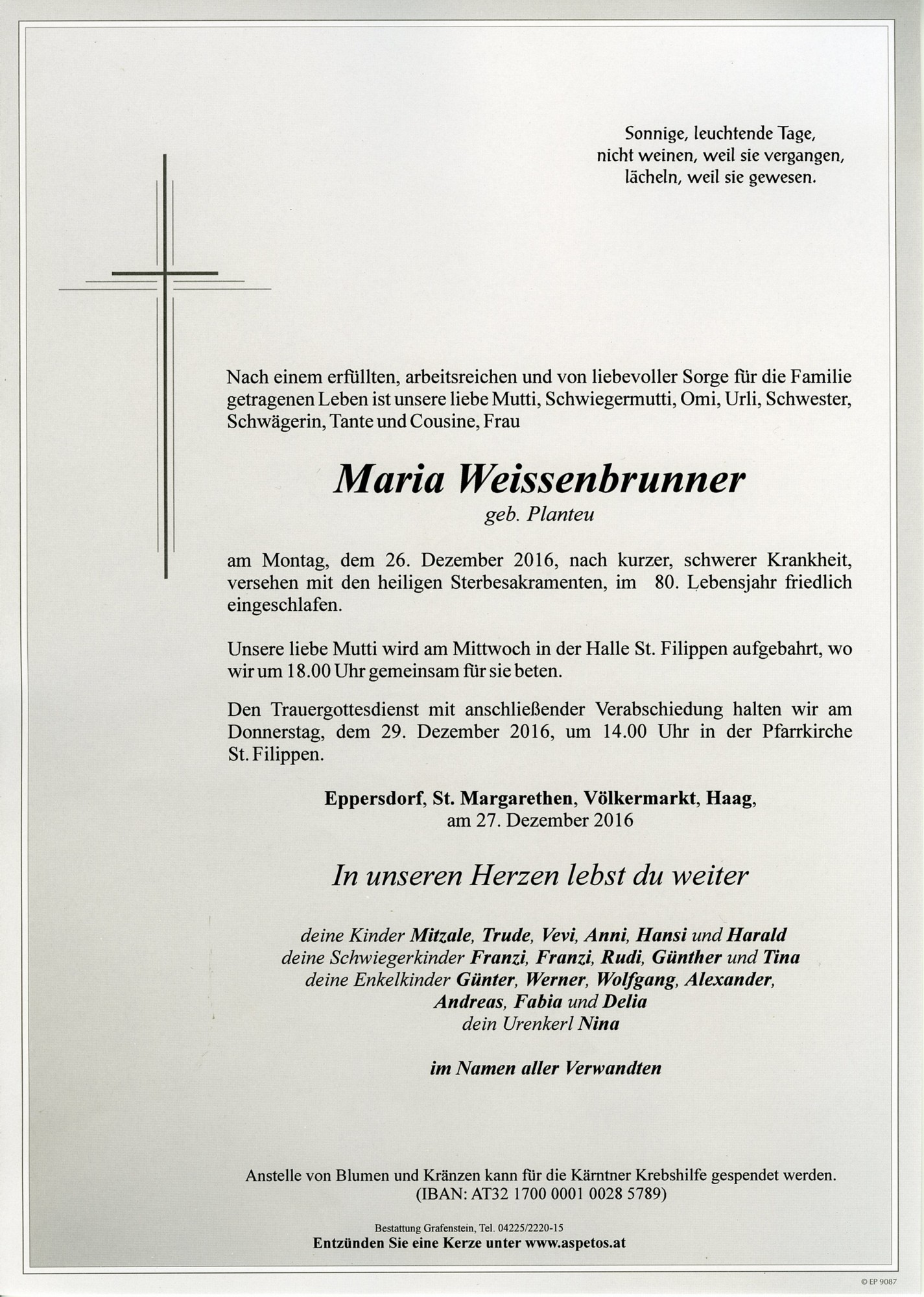 Traueranzeige von Maria Weissenbrunner