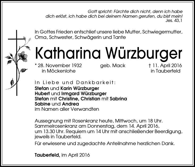 Traueranzeige von Katharina Würzburger