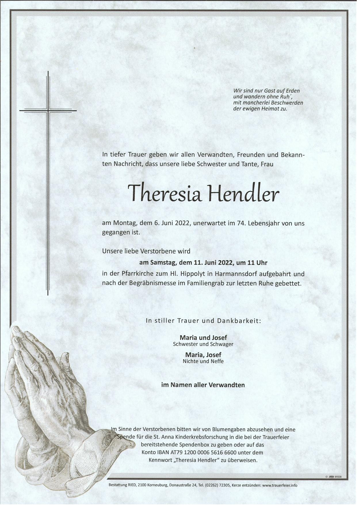 Traueranzeige von Theresia Hendler