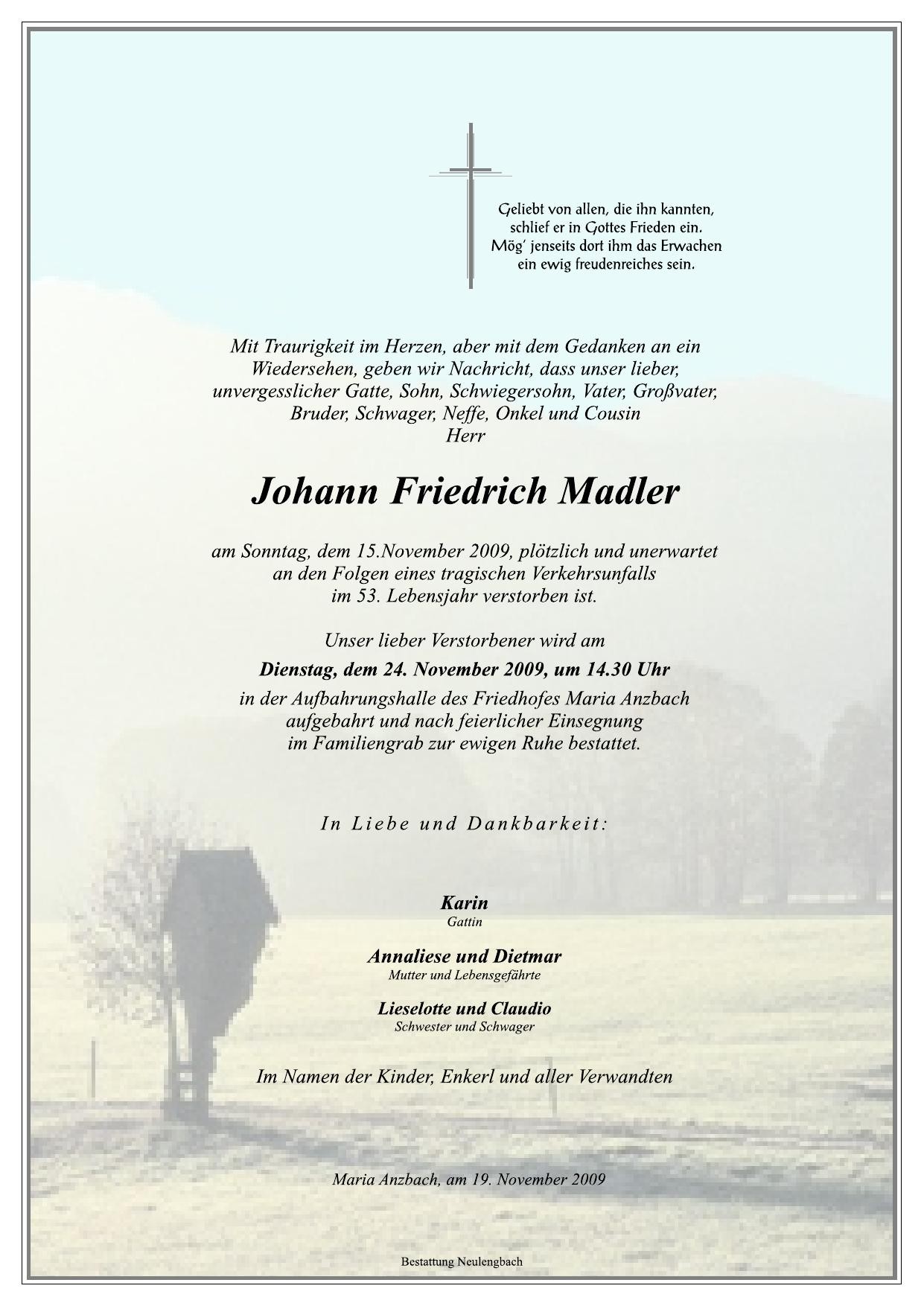 Traueranzeige von Johann Friedrich Madler