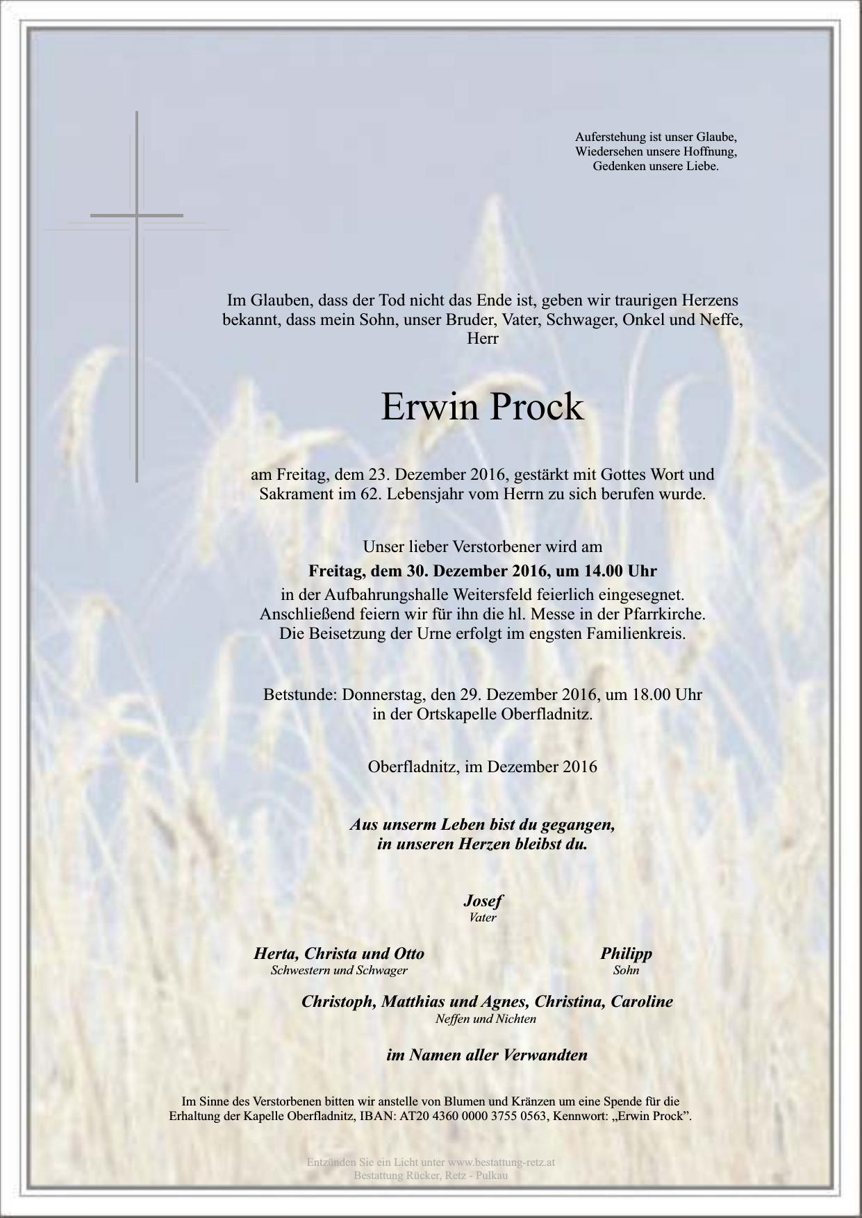 Traueranzeige von Erwin Prock