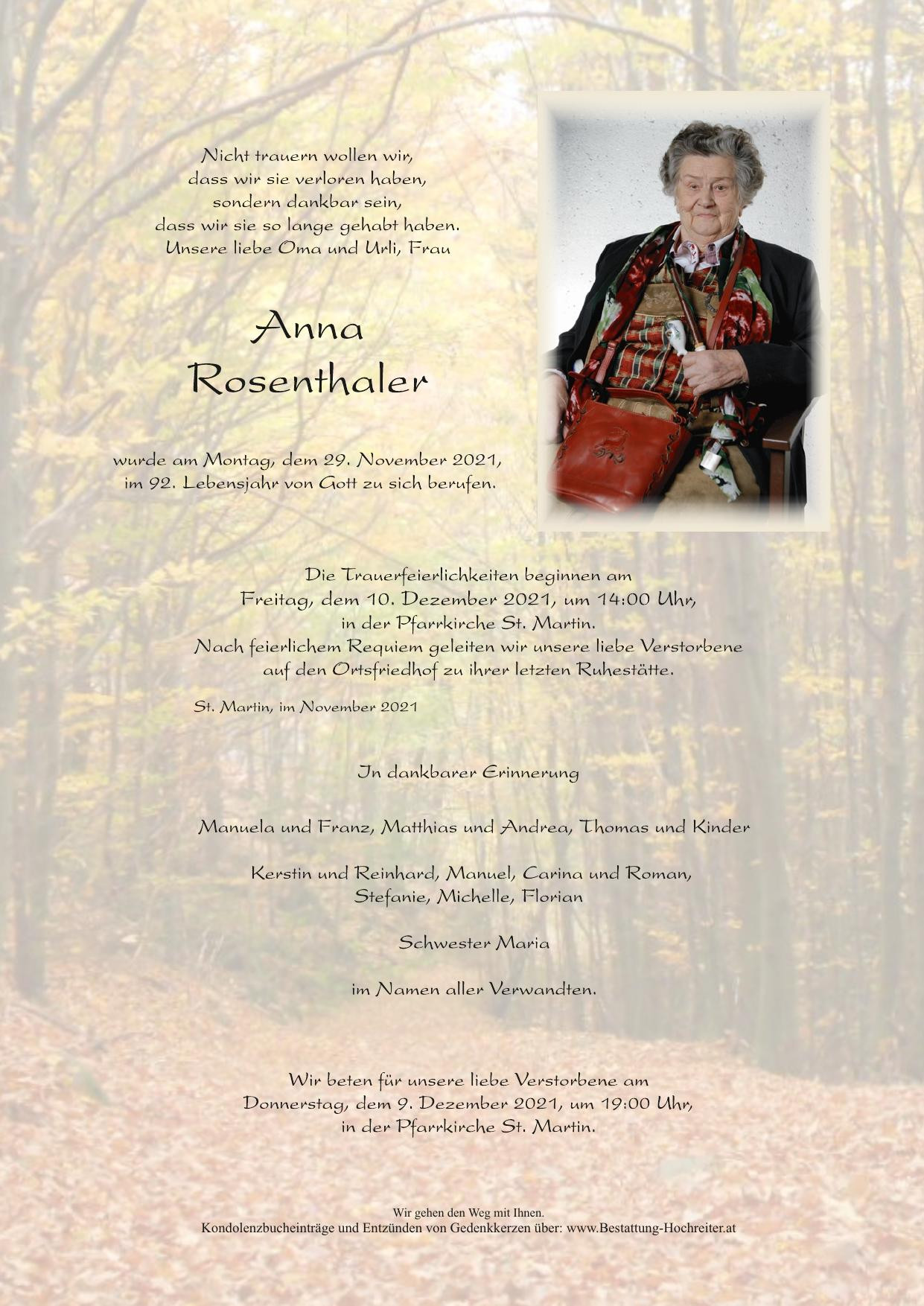 Traueranzeige von Anna Rosenthaler