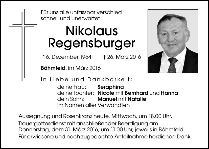 Traueranzeige von Nikolaus Regensburger