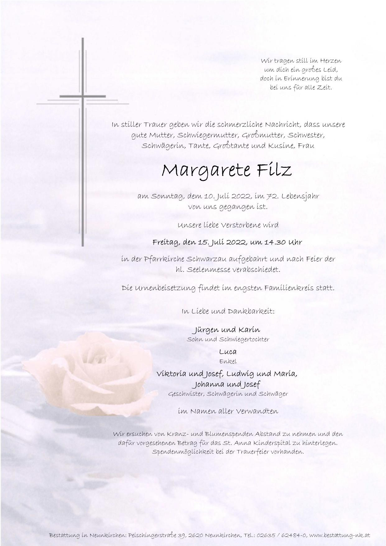 Traueranzeige von Margarete Filz