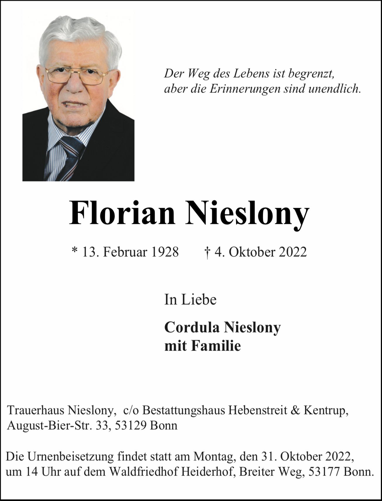 Traueranzeige von Florian Nieslony