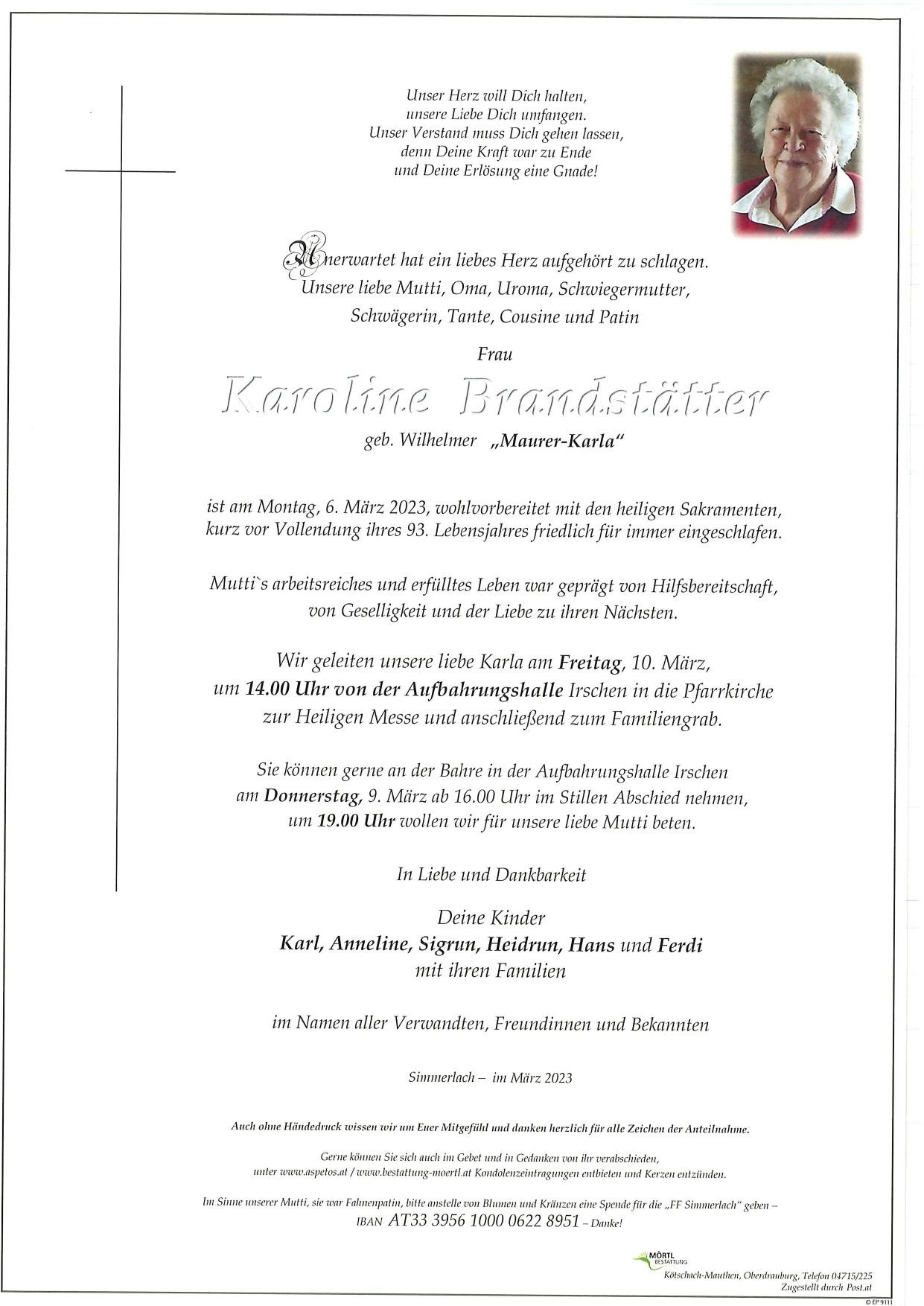 Traueranzeige von Karoline Brandstätter