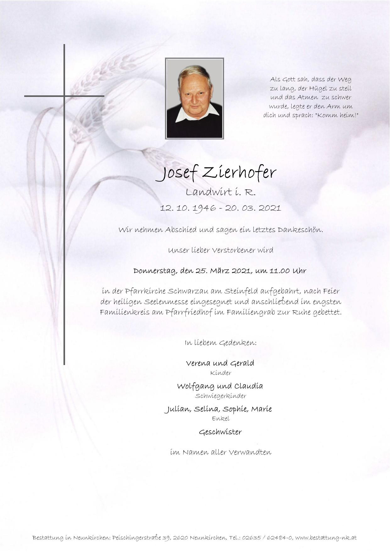 Traueranzeige von Josef Zierhofer