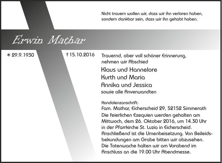 Traueranzeige von Erwin Mathar