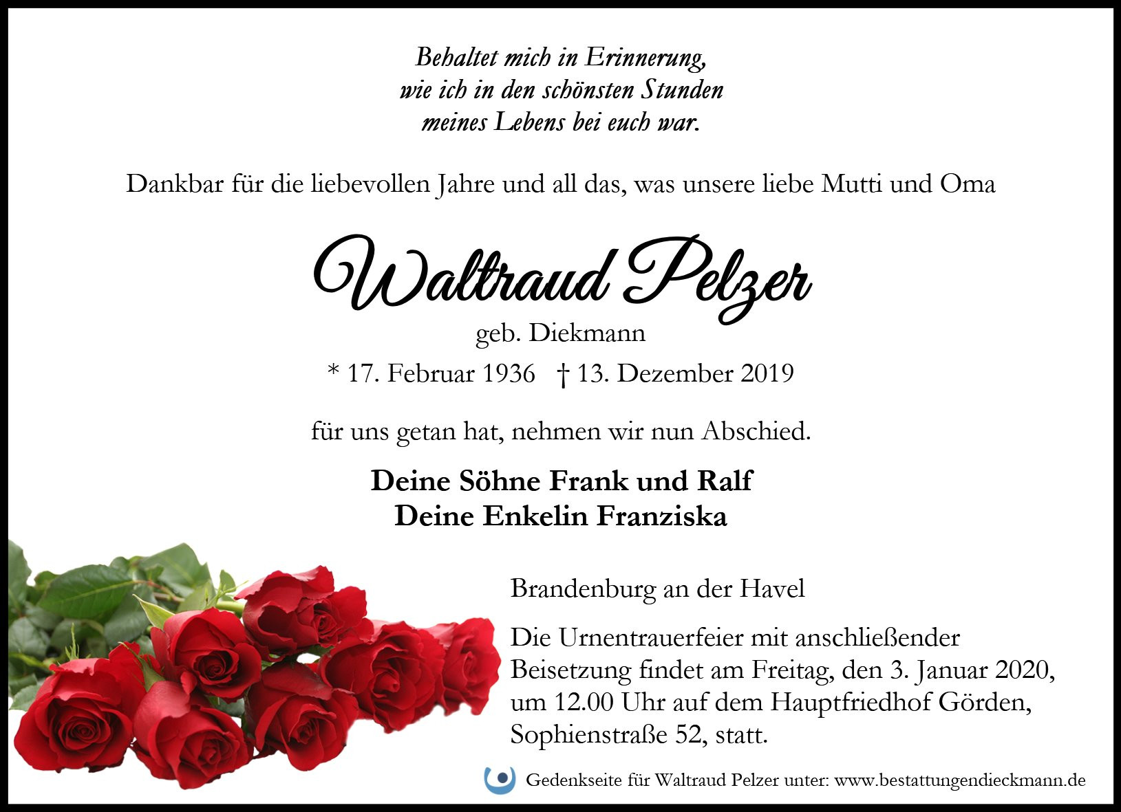 Traueranzeige von Waltraud Pelzer