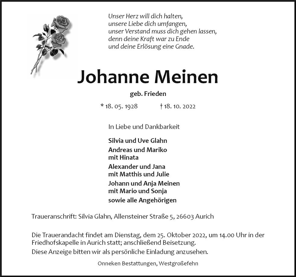Traueranzeige von Johanne Meinen