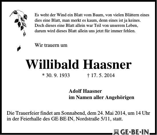 Traueranzeige von Willibald Haasner