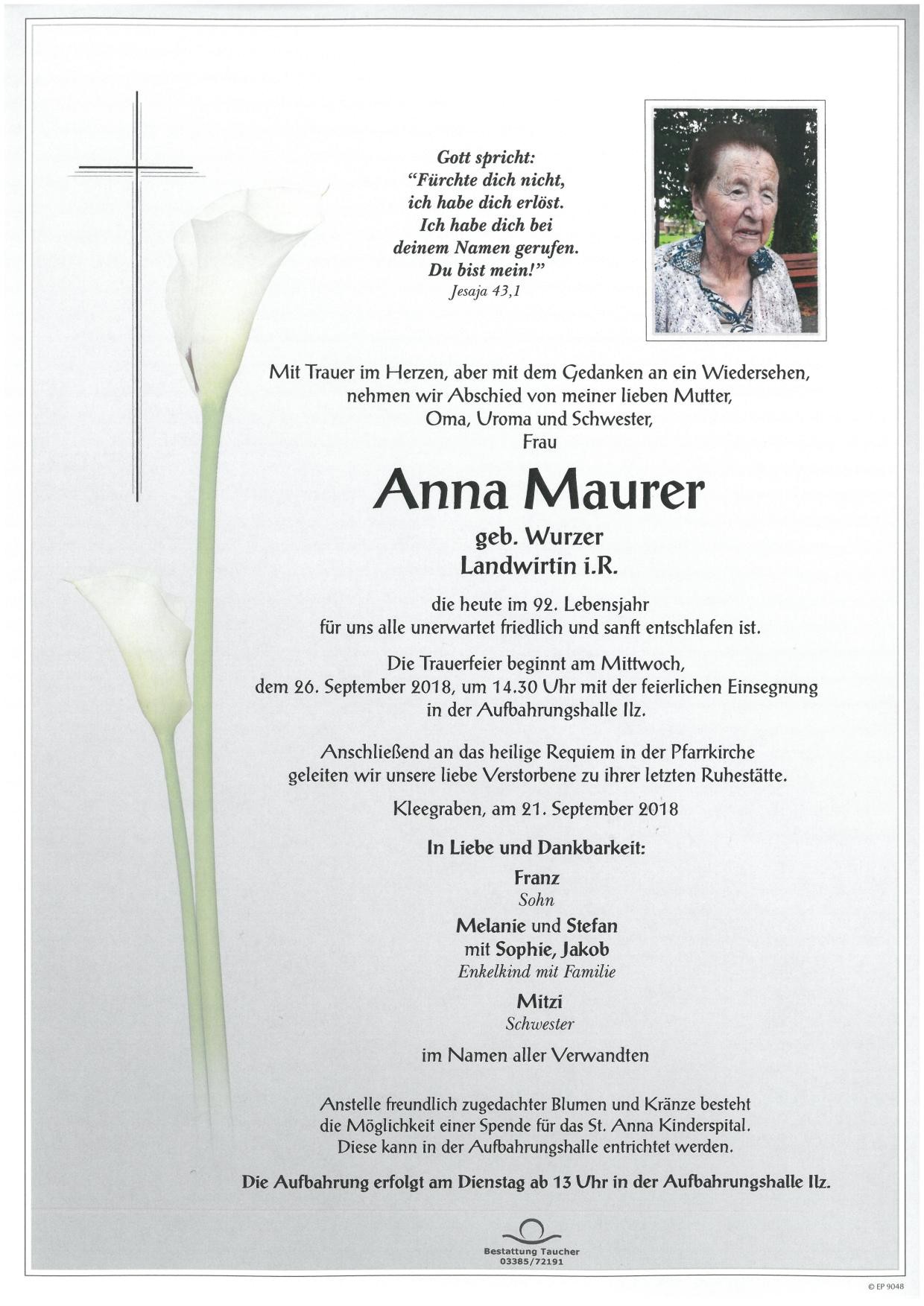 Traueranzeige von Anna Maurer