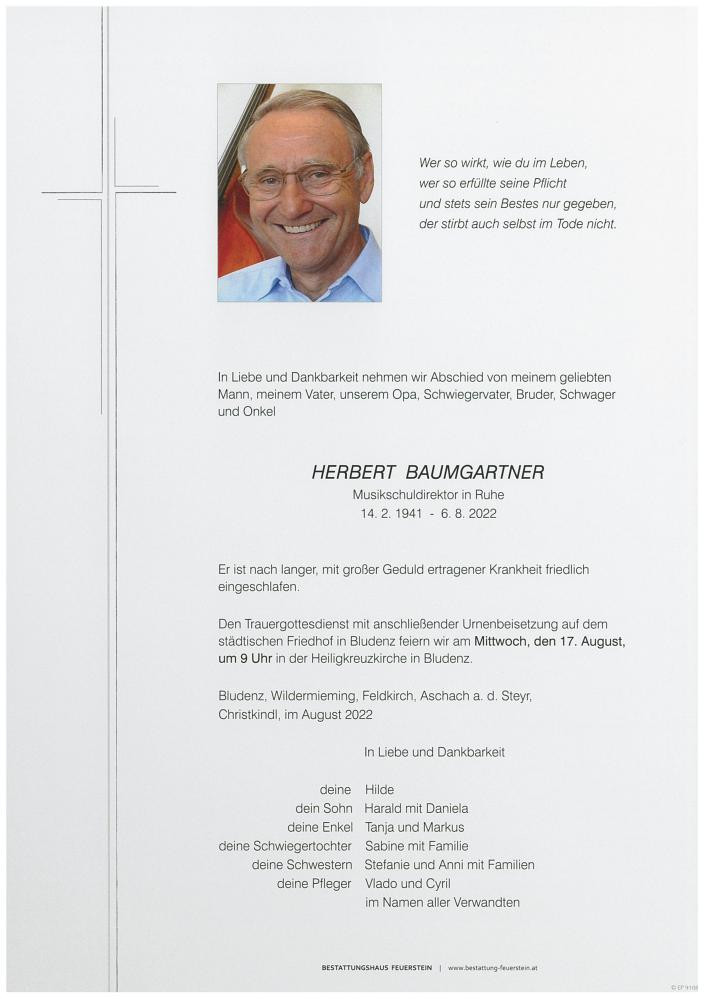 Traueranzeige von Herbert Baumgartner
