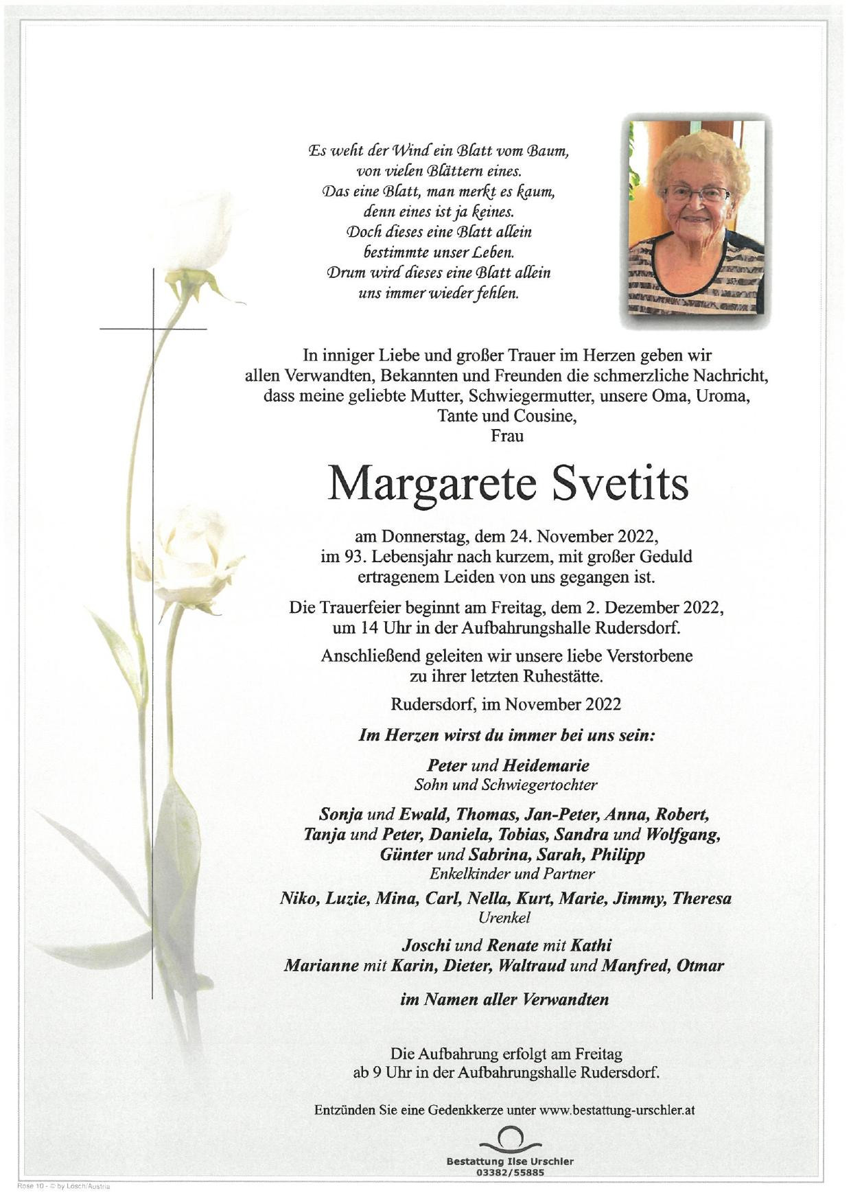 Traueranzeige von Margarete Svetits
