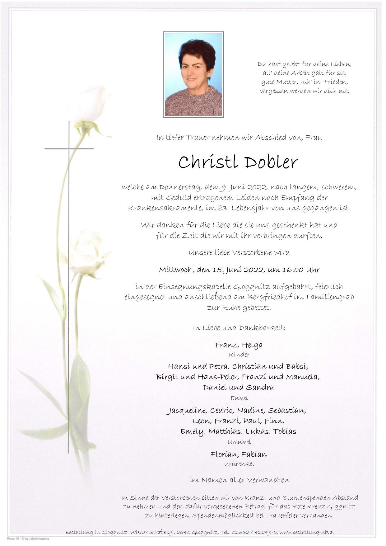 Traueranzeige von Christl Dobler