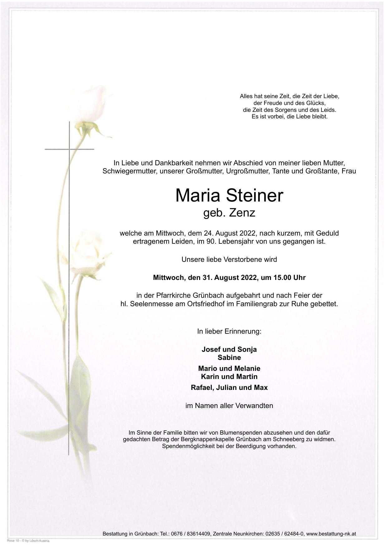 Traueranzeige von Maria Steiner